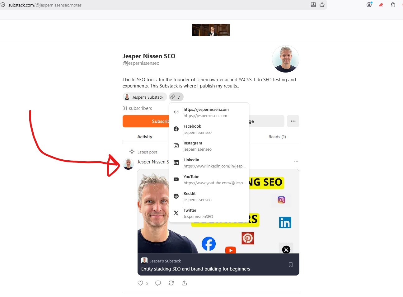 Social profile settings in Substack dashboard