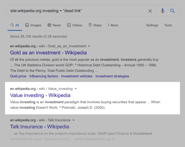 Wikipedia page with dead link highlighted