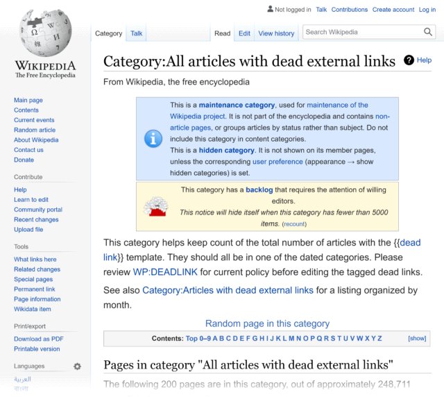 Wikipedia dead link database